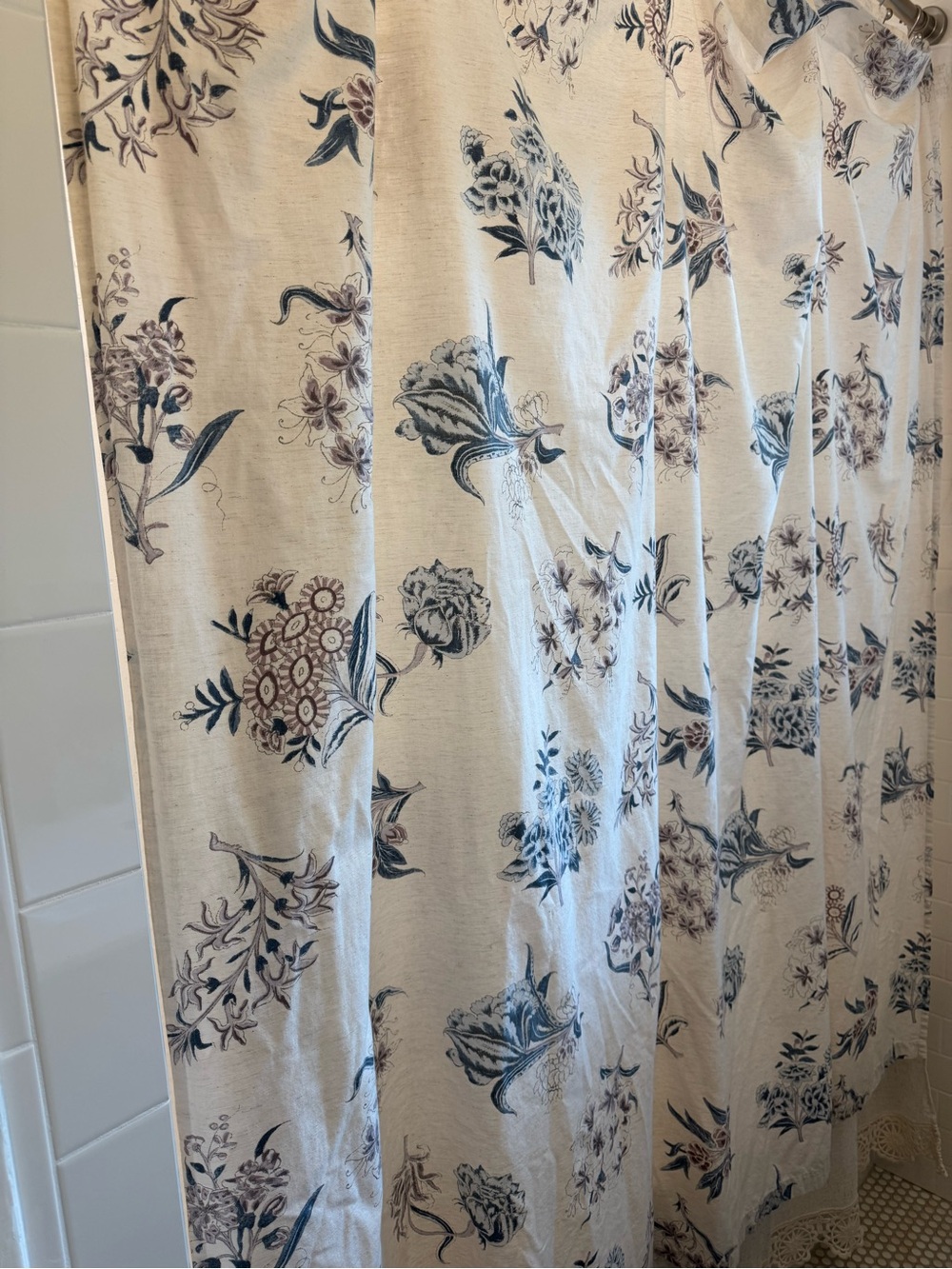 Pottery Barn Cream Shower Curtain Panel with Blue and Brown Floral Print